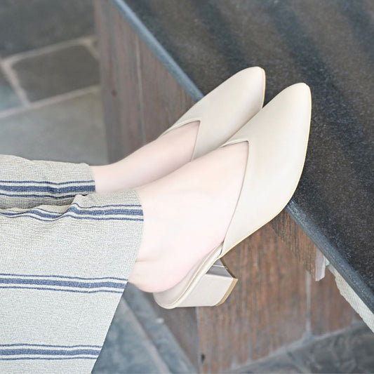 Pointy Toe Block Heels - Beige
