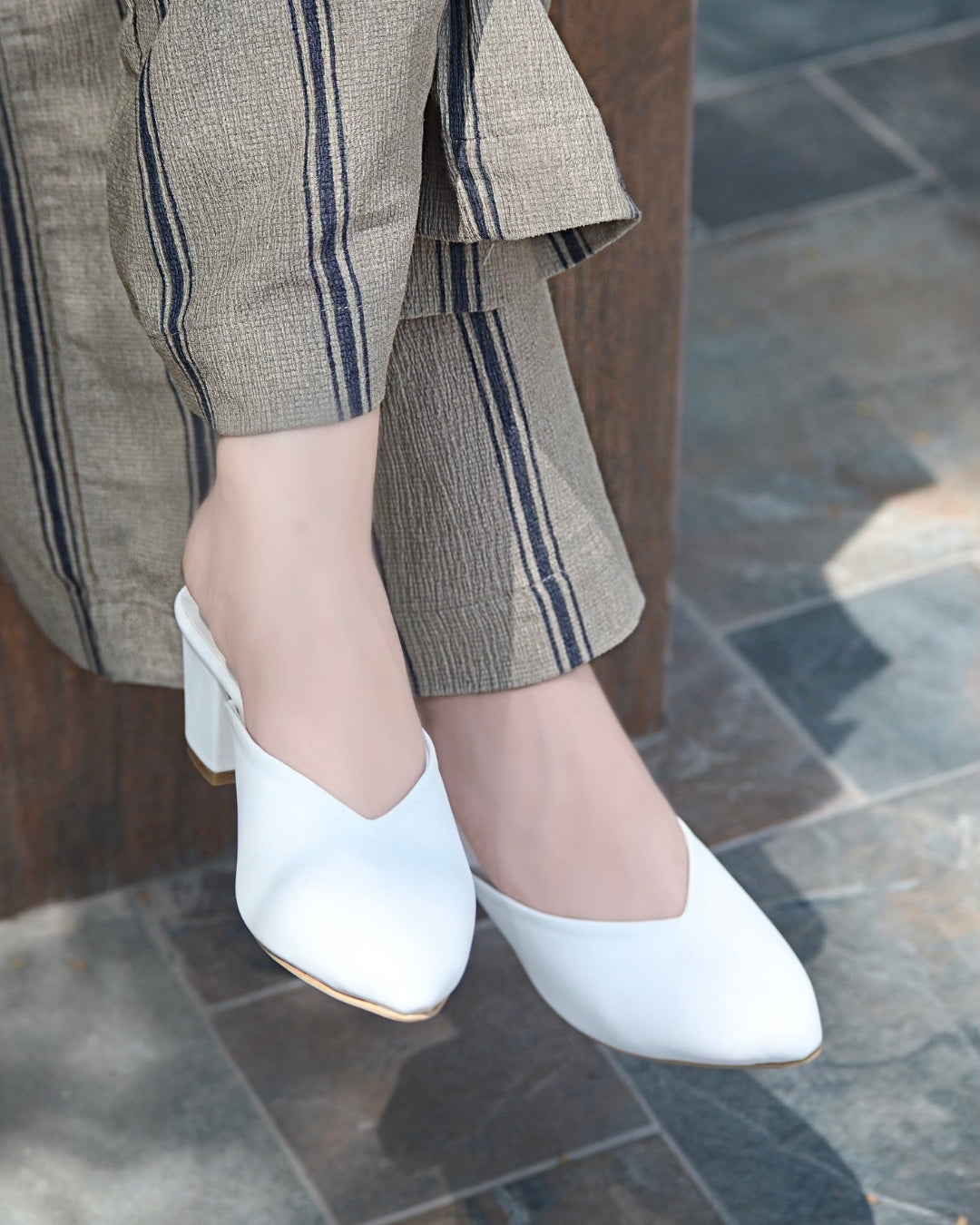 Pointy Toe Block Heels - White