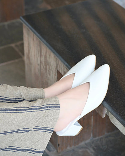 Pointy Toe Block Heels - White