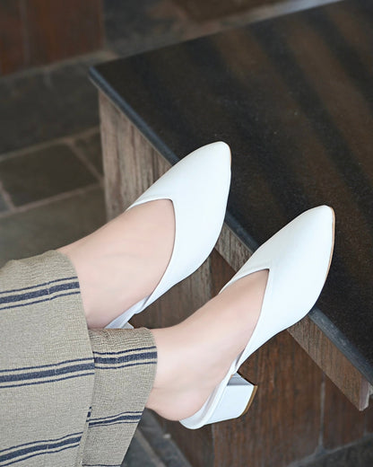 Pointy Toe Block Heels - White