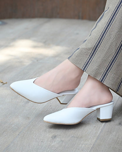 Pointy Toe Block Heels - White