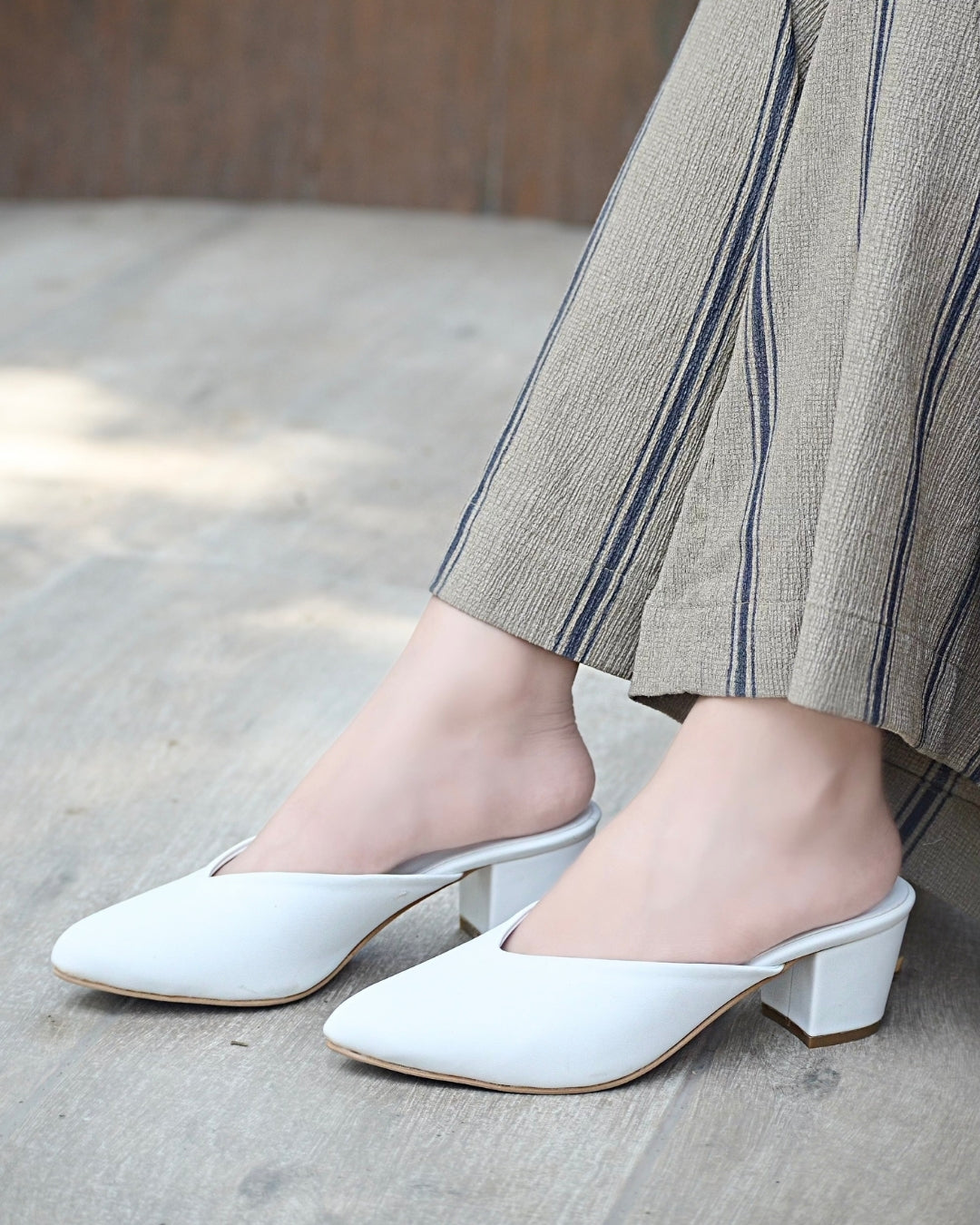 Pointy Toe Block Heels - White
