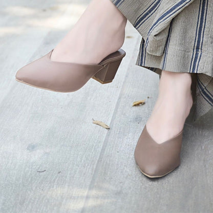 Pointy Toe Block Heels - Brown