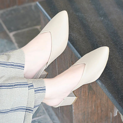 Pointy Toe Block Heels - Beige