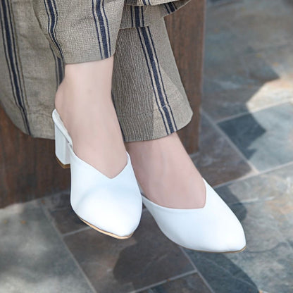 Pointy Toe Block Heels - White