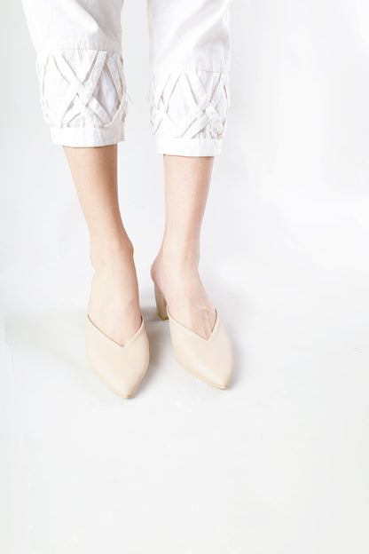 Pointy Toe Block Heels - Beige