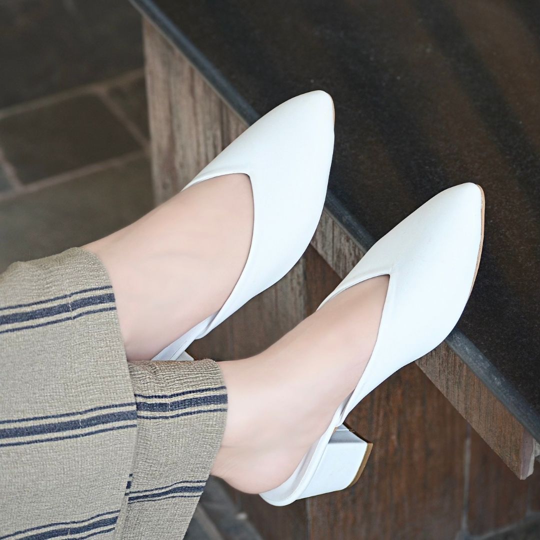 Pointy Toe Block Heels - White