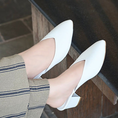 Pointy Toe Block Heels - White