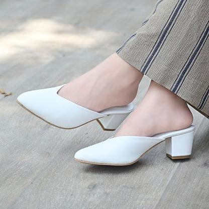 Pointy Toe Block Heels - White