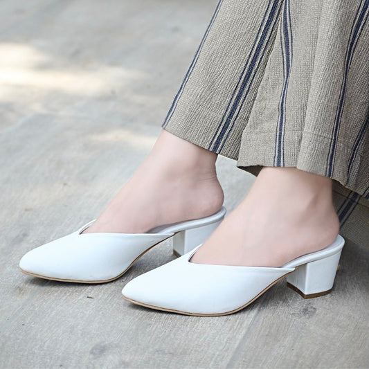 Pointy Toe Block Heels - White