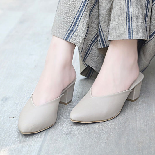 Pointy Toe Block Heels - Beige