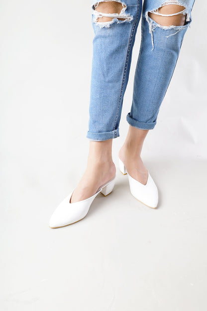 Pointy Toe Block Heels - White