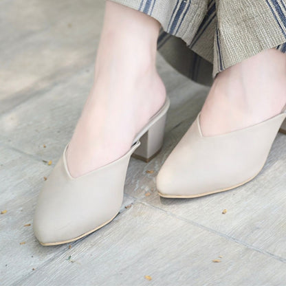 Pointy Toe Block Heels - Beige