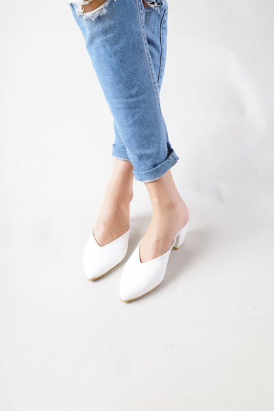 Pointy Toe Block Heels - White
