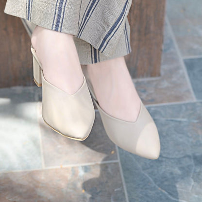 Pointy Toe Block Heels - Beige