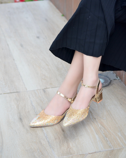 Evania Block Heel Pumps - Gold