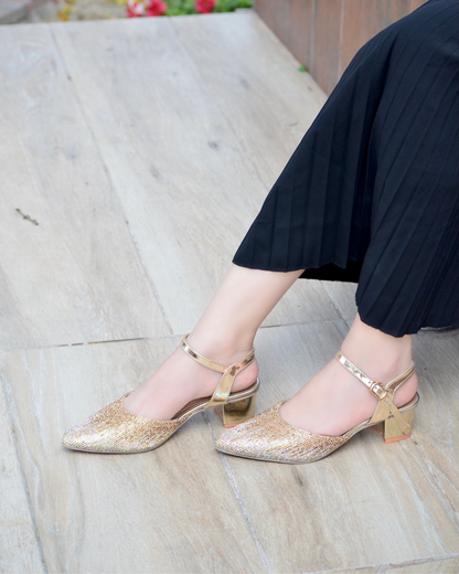 Evania Block Heel Pumps - Gold