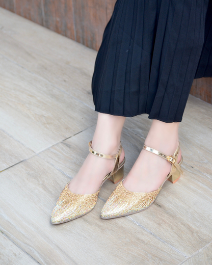 Evania Block Heel Pumps - Gold