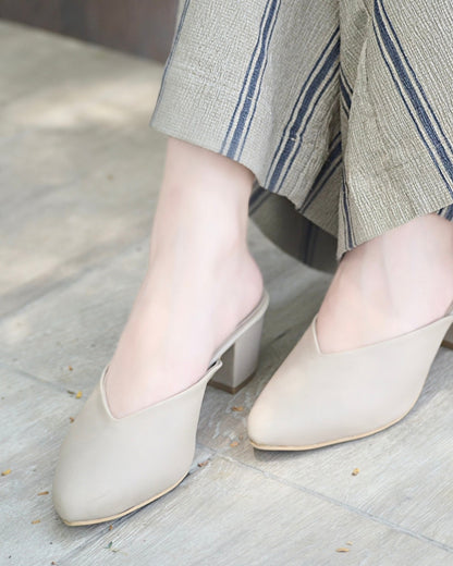 Pointy Toe Block Heels - Beige