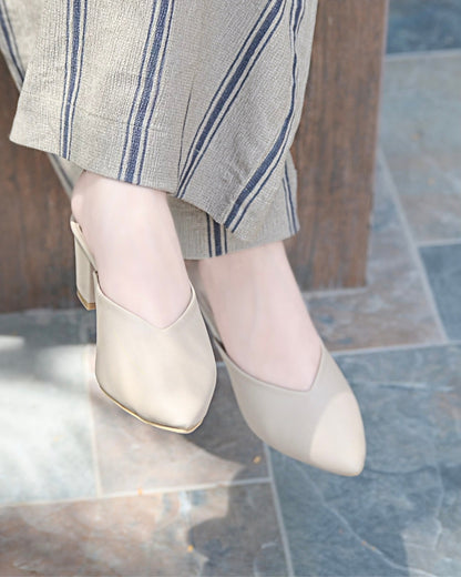 Pointy Toe Block Heels - Beige